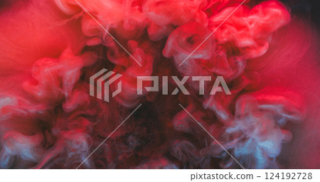 Shimmering mist. Ink cloud. Vivid splash fluid. Vapor red gray color sparkling wave abstract blur dissolve dye water background texture. 124192728