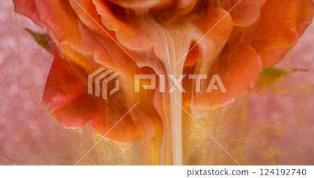 Blossom paint. Fluid ink. Defocused red golden color rose plant water nature liquid mist drip spreading on abstract creative shimmer background. Blossom paint. Fluid ink. Defocused red golden color rose plant water nature liquid mist drip spreading on abstract creative shimmer background. 124192740