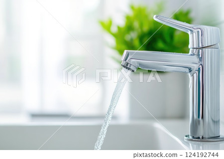 Chrome Faucet Pouring Water into Sink 124192744