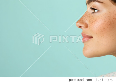 Woman portrait with freckles on her face side view on blue background 124192770