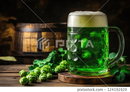 Close-Up of Green Beer Mug and Wooden Barrel Close-Up of Green Beer Mug and Wooden Barrel 124192820