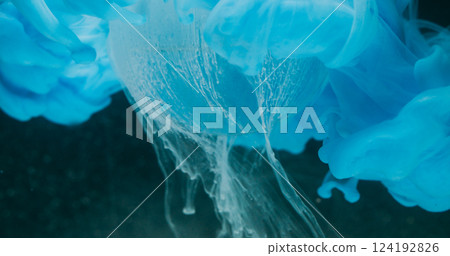 Gloss paint. Sphere background. Defocused blue color transparent round geometric shape water flow wave on abstract dark black art. 124192826