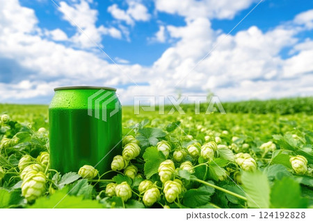 Beer Jar Amidst Green Barley and Hops Field Beer Jar Amidst Green Barley and Hops Field 124192828