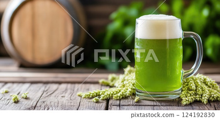 Green Beer Mug Against Wooden Barrel Background 124192830