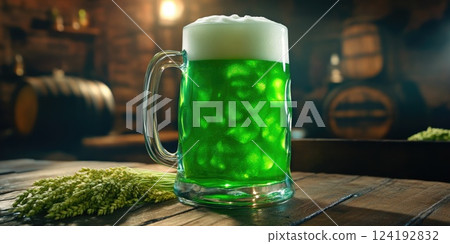 Glass of Green Beer with Fresh Hops and Barrel Glass of Green Beer with Fresh Hops and Barrel 124192832