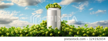 Silver beer jar surrounded by hops Silver beer jar surrounded by hops 124192834