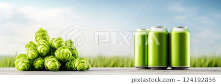 Close Up of Beer Jars with Hops and Barley Close Up of Beer Jars with Hops and Barley 124192836