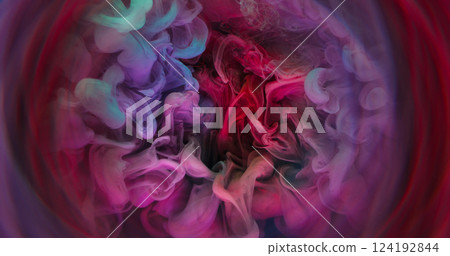 Fume explosion. Mist swirl. Colorful pigment ink wave mix spill. Pink purple violet defocused art abstract water background circle lens. 124192844