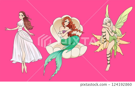 Anime characters. Manga fantasy. Cute princess girl and magic fairy. Cartoon mermaid. Zodiac star with mythological style. Cosplay costume. Elf in spring nature. Vector fairytale art illustration set 124192860