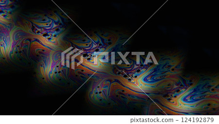 Spectrum oil mix. Multicolor liquid. Double optical effect swirl fizz ink flow on black background. Abstract clone petrol layer blur liquid. 124192879