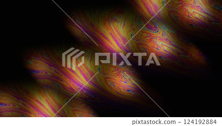 Art flow. Multicolor paint. Spectrum petrol droplet stream clone spill abstract pattern on black liquid background. Defocused duplicated gradient mix. Art flow. Multicolor paint. Spectrum petrol droplet stream clone spill abstract pattern on black liquid background. Defocused duplicated gradient mix. 124192884