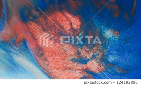 Shiny emulsion. Sparkling liquid. Defocused blue red crimson colorful paint in water glitter fluid stream pouring on abstract background. Shiny emulsion. Sparkling liquid. Defocused blue red crimson colorful paint in water glitter fluid stream pouring on abstract background. 124192886