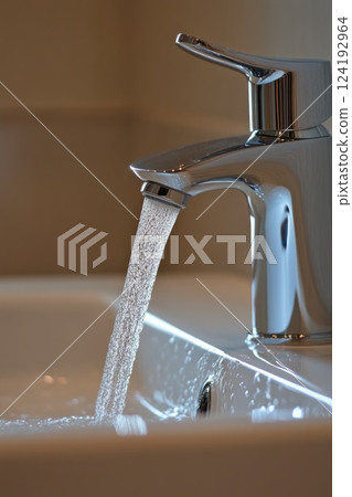 Clear Water Running from Kitchen Faucet 124192964