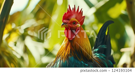 Rooster with vibrant feathers on farm Rooster with vibrant feathers on farm 124193104