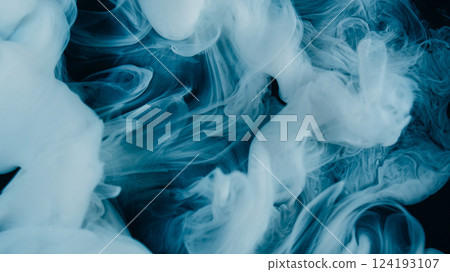 Ink steam. Smoke twirl. White whirl curl shape swirl fluid flow. Art color liquid cloud dye blend defocused abstract black background. 124193107