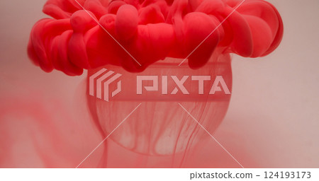 Fog ink. Orb shape. Defocused red color smoke texture wet splash transparent geometric on abstract art light white background. 124193173