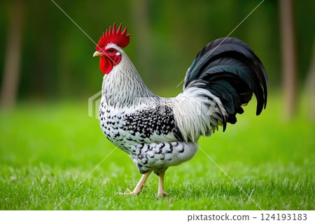 Colorful rooster profile on farm background 124193183