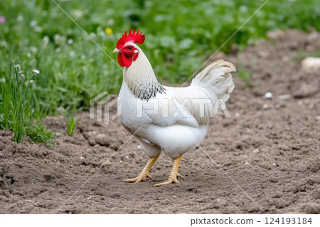 Farmyard rooster detailed view in nature 124193184