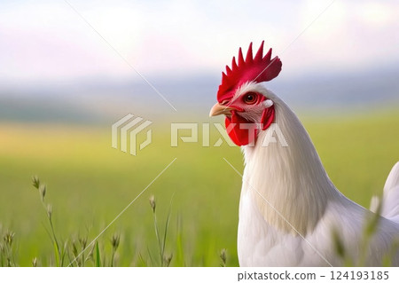 Rooster standing tall on farm grounds 124193185