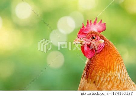 Rooster on farm with blurred background 124193187
