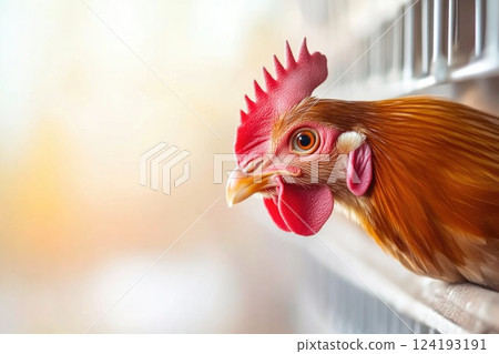 Close-up rooster strutting in farmyard Close-up rooster strutting in farmyard 124193191