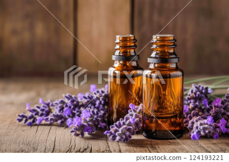 Lavender essential oil bottles close-up Lavender essential oil bottles close-up 124193221