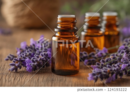 Rustic wooden background with lavender oils 124193222