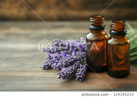 Lavender essence in glass bottles close-up 124193223