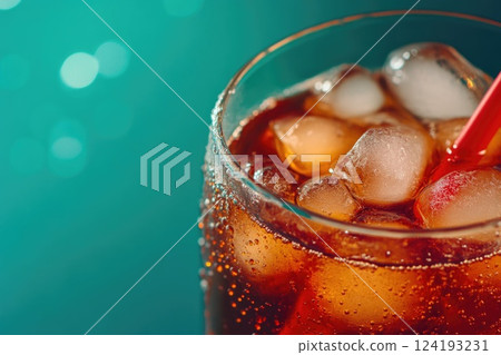 Close-Up of Lemonade with Ice on Blue Background Close-Up of Lemonade with Ice on Blue Background 124193231