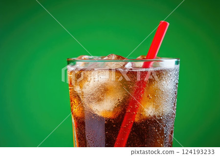 Icy cola lemonade with red straw on green background Icy cola lemonade with red straw on green background 124193233
