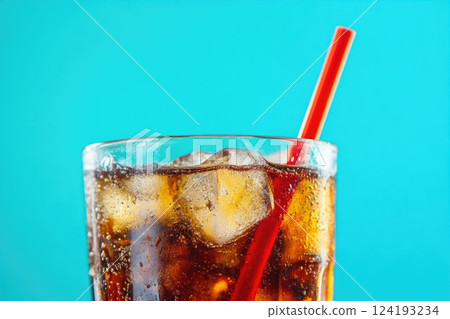 Lemonade in Glass with Ice, Vibrant Blue Backdrop Lemonade in Glass with Ice, Vibrant Blue Backdrop 124193234