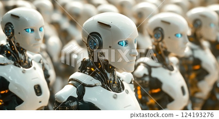Crowd of humanoid robots in unison 124193276