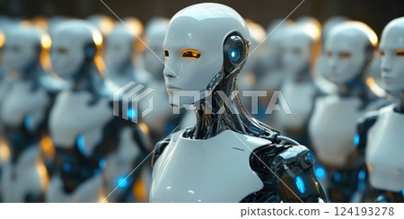 Close-up of many humanoid robots lined up 124193278