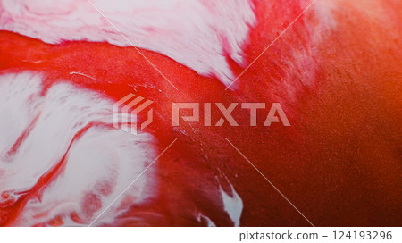 Ink stream. Wet texture. Defocused red crimson white colorful water acrylic fluid marble shiny flow wave on abstract art background. 124193296