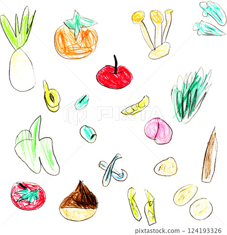 Illustration set of various vegetables drawn by children 124193326