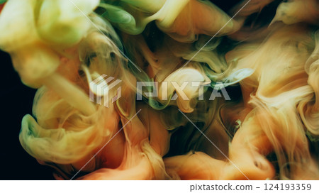 Underwater smoke. Art vapor. Colorful mist cloud twist flow on black background. Ink blend fume spread fantasy swirl abstract blur liquid curl. 124193359