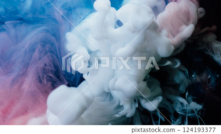 Underwater smoke. Art vapor. Colorful mist cloud twist flow on black background. Ink blend fume spread fantasy swirl abstract blur liquid curl. 124193377