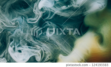Paint cloud. Defocused stream. Gray blue pigment smoke mix floating art twist substance. Color fluid fume flow abstract black background. 124193383