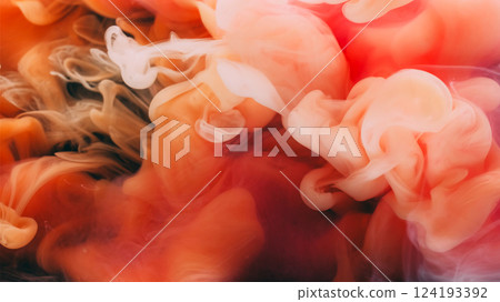 Smoke cloud. Ink shot. White spray mix red orange haze flowing fluid. Blending curl colorful water abstract background defocused texture. 124193392