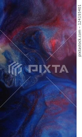 Paint emulsion. Acrylic wave. Defocused blue crimson purple colorful chemical ripple in glitter water mix flowing on abstract art background. 124193401