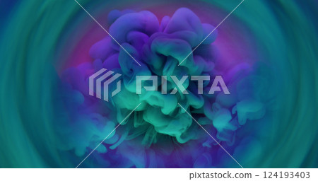 Art vapor. Color explosion. Underwater neon cloud splash. Paint smoke turquoise purple violet blur mix blotch drop abstract background. 124193403