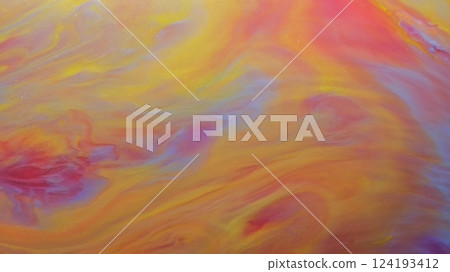 Blend paint. Ink flow. Defocused blue red yellow color in water chemical marbling liquid texture flowing on abstract art background. Blend paint. Ink flow. Defocused blue red yellow color in water chemical marbling liquid texture flowing on abstract art background. 124193412