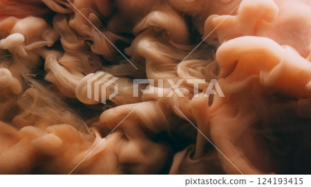 Haze flow. Fume blend. Brown swirl smoke ink drop explosion in water. Mystic liquid blur cloud blow splash abstract texture background. 124193415