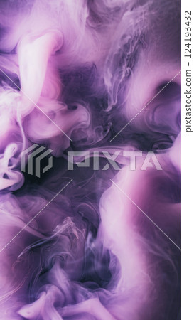 Acrylic cloud. Defocused stream. Violet purple color pigment smoke mix floating art twist substance. Fluid ink fume flow abstract magic background. 124193432