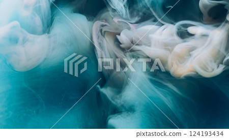 Cloud dye. Fog ink swirl. Color pigment drop dissolve blur puff shot stream. Art explosion blue white fume liquid mix abstract background. 124193434