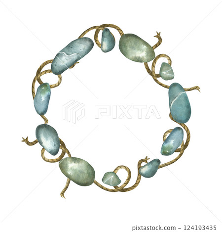 Round frame of pebbles and sea stones, twine, wreath of grey and blue pebbles. All objects are hand-painted with watercolors on a white background. Suitable for printing on fabric, paper, invitations. Round frame of pebbles and sea stones, twine, wreath of grey and blue pebbles. All objects are hand-painted with watercolors on a white background. Suitable for printing on fabric, paper, invitations. 124193435
