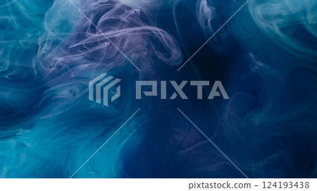 Paint steam. Dye spread. Blue violet mix fluid blow stream black mystic background. Fantasy shape abstract mist texture blur color spill liquid. 124193438