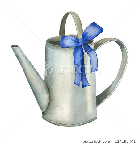 Vintage metal watering can with a blue bow for watering flowers and plants. Everything is hand-painted with watercolors. The spring composition is suitable for printing on postcards and invitations. Vintage metal watering can with a blue bow for watering flowers and plants. Everything is hand-painted with watercolors. The spring composition is suitable for printing on postcards and invitations. 124193441