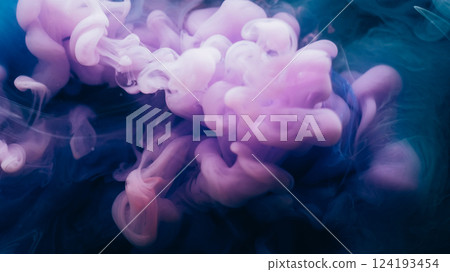 Watercolor ink. Fume splash. Purple violet blue haze flow mix color liquid texture. Blur curve stream fantasy spread on abstract black background. Watercolor ink. Fume splash. Purple violet blue haze flow mix color liquid texture. Blur curve stream fantasy spread on abstract black background. 124193454