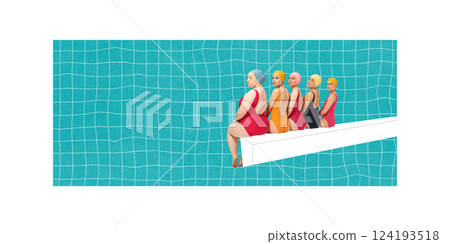 Five women in vintage swimsuits sitting on diving board over surreal blue water reflections. Contemporary art collage. Five women in vintage swimsuits sitting on diving board over surreal blue water reflections. Contemporary art collage. 124193518